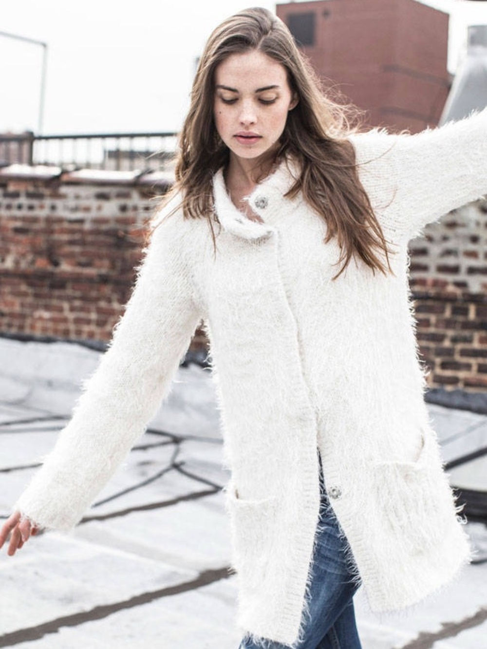 Free People Shaggy Ivory Cardigan Sweater Snaps Pockets M Fall Boho Knit